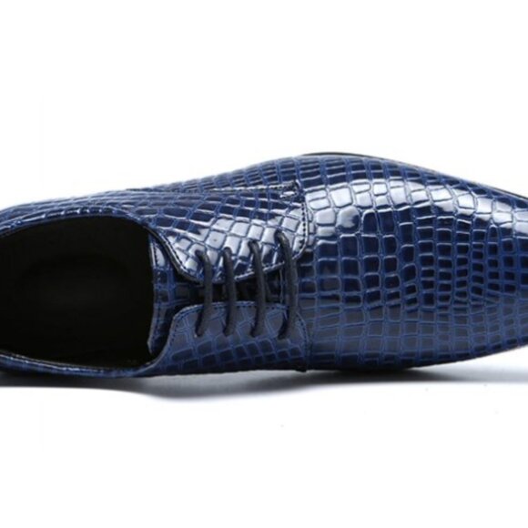 Santimon Men's US 8, 10 Blue Alligator Pattern Pointed Toe Lace Up Derby Shoes - Picture 3 of 11